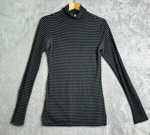VINCE Top Womens Medium Black Gray Stripe Cotton Blend Knit Mock Neck Thin Knit